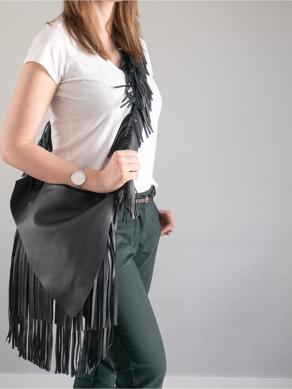 Women's Black Fringe Shoulder Bag - Boho Leather Hobo